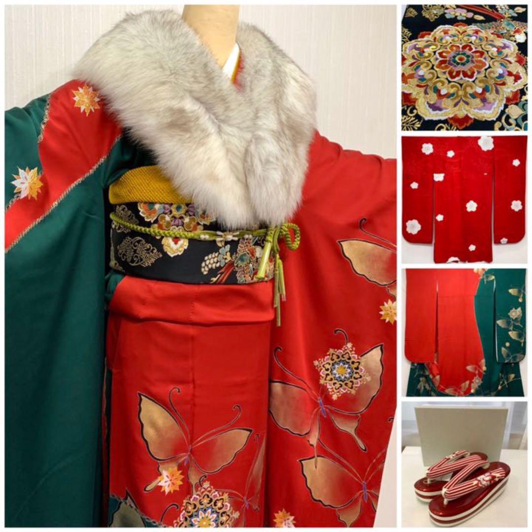 華紋様　正絹【綸子】振袖　フルセット