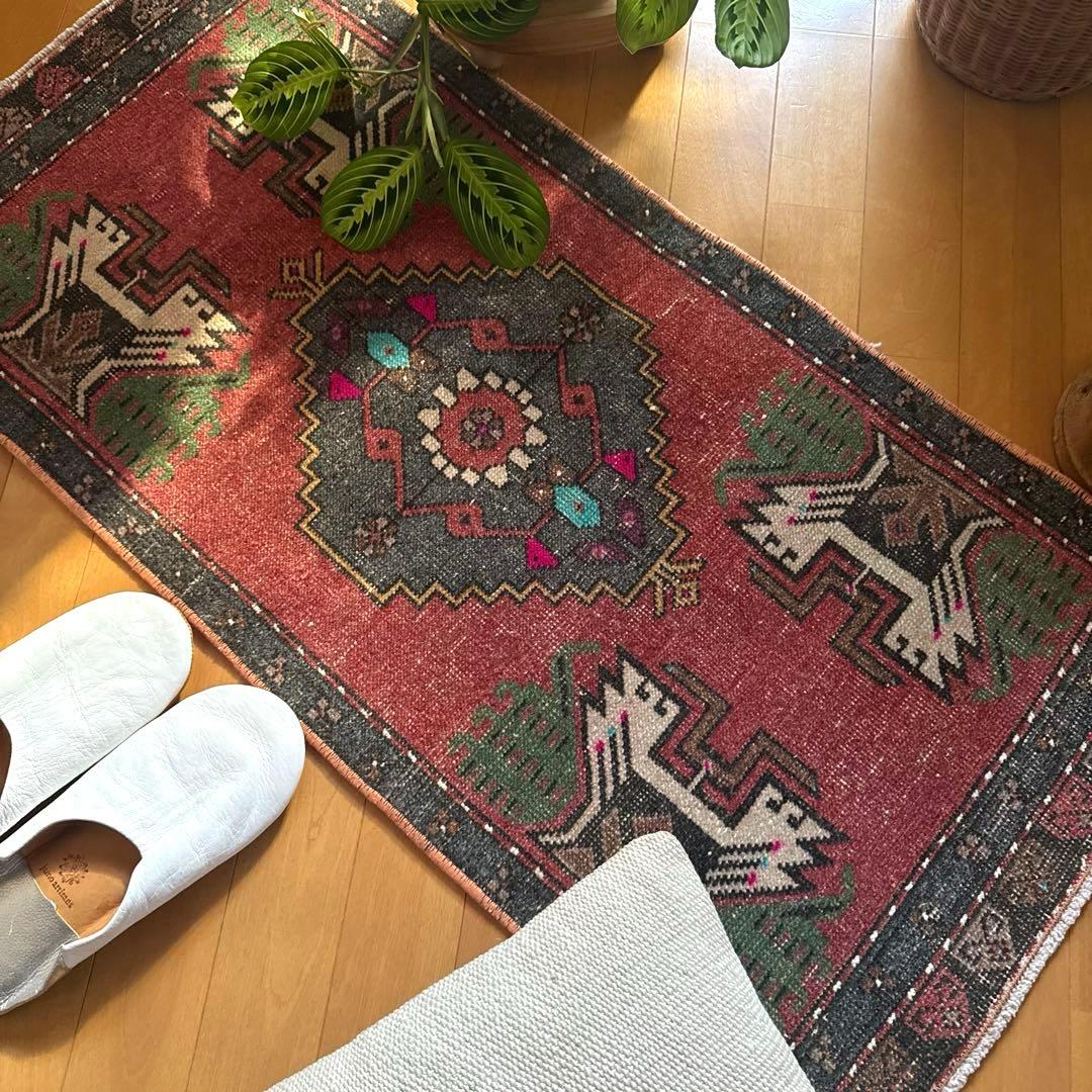 48×102 深みある赤茶色×グレイ　メダリオン　トルコヴィンテージラグ