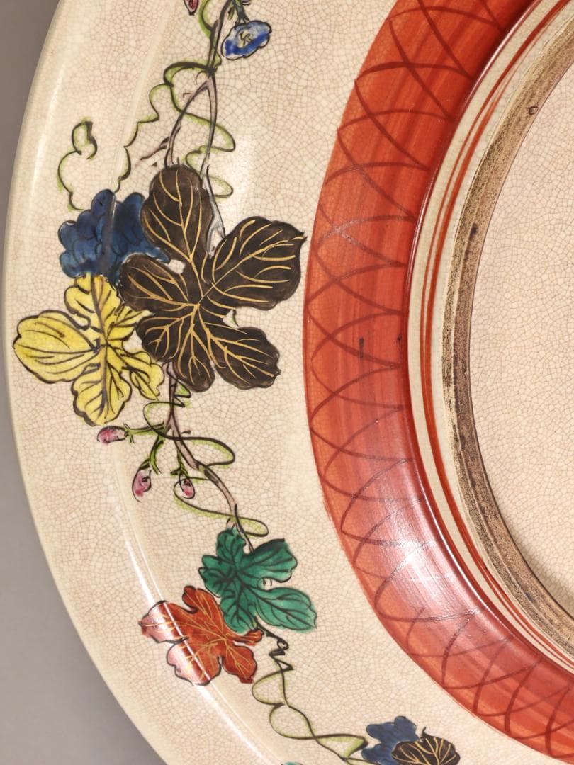 BK439　古九谷青手庄三造乃図　飾皿　二重角福　共箱　大皿　直径58㎝