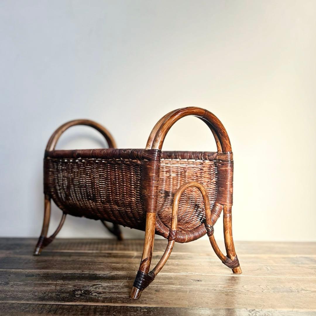 昭和初期　ラタン　藤　ラック　カゴ　アンティーク　昭和　竹編　古道具