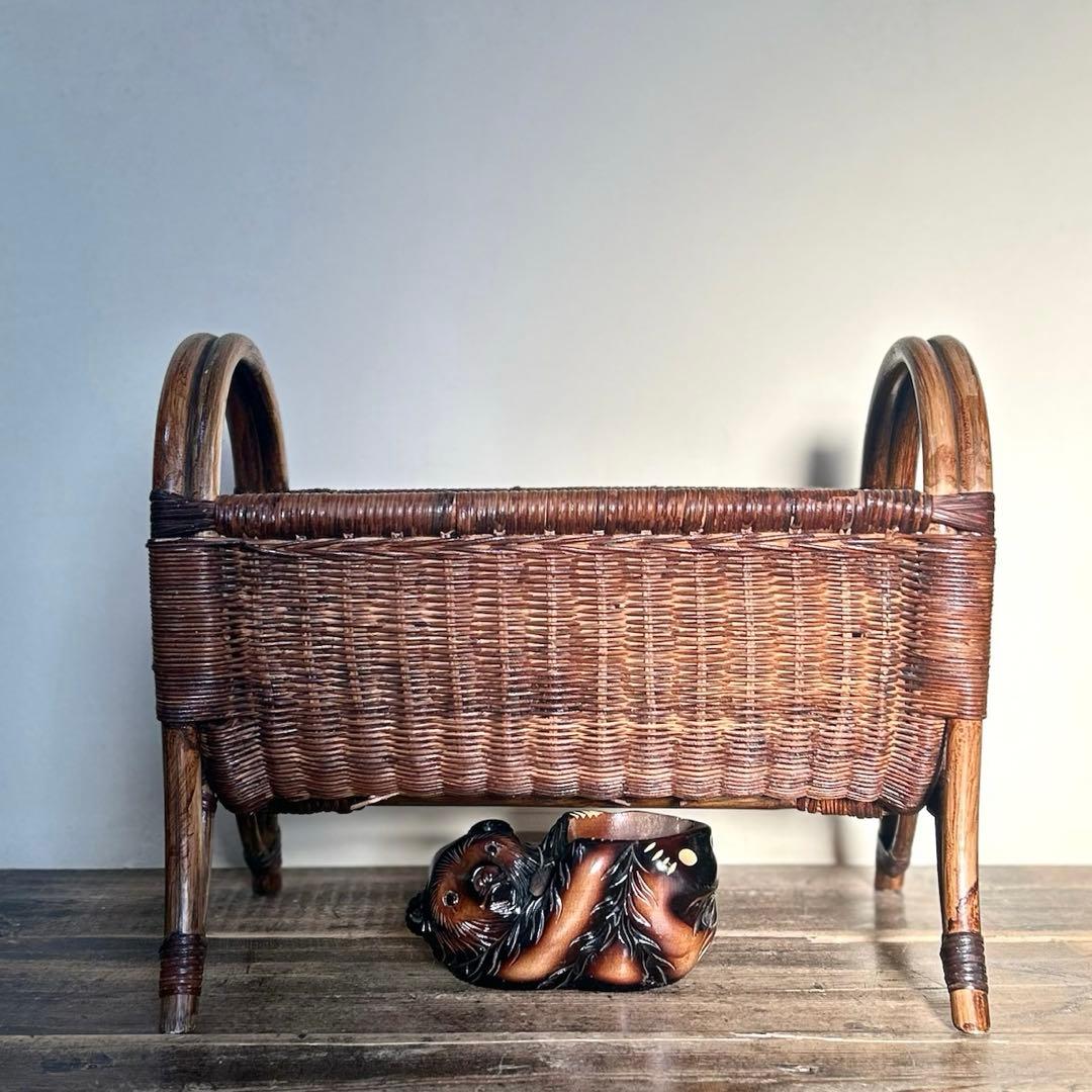 昭和初期　ラタン　藤　ラック　カゴ　アンティーク　昭和　竹編　古道具