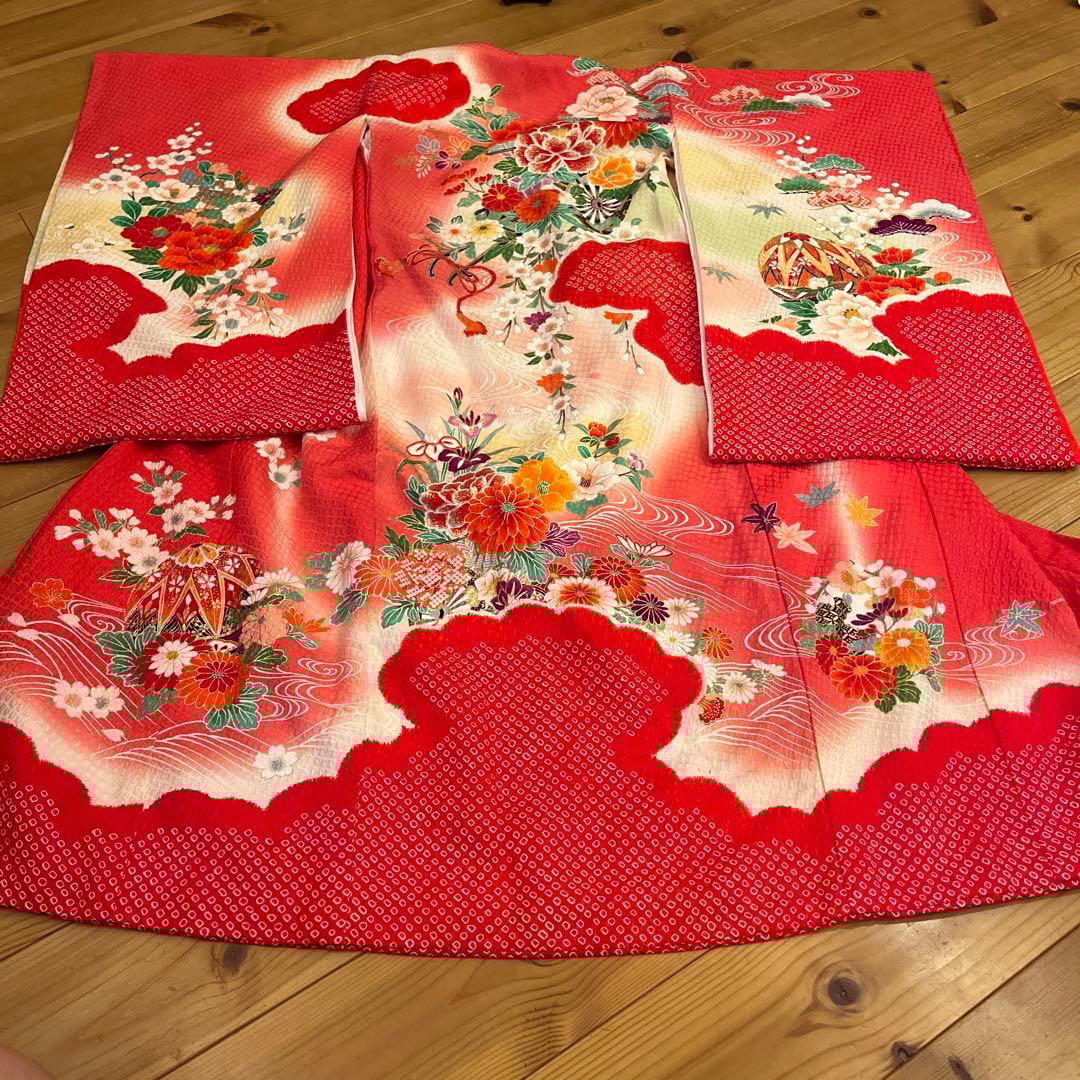 正絹　友禅調 晴れ着 朱赤 古典柄 絞り　七五三 お宮参り長襦袢セット