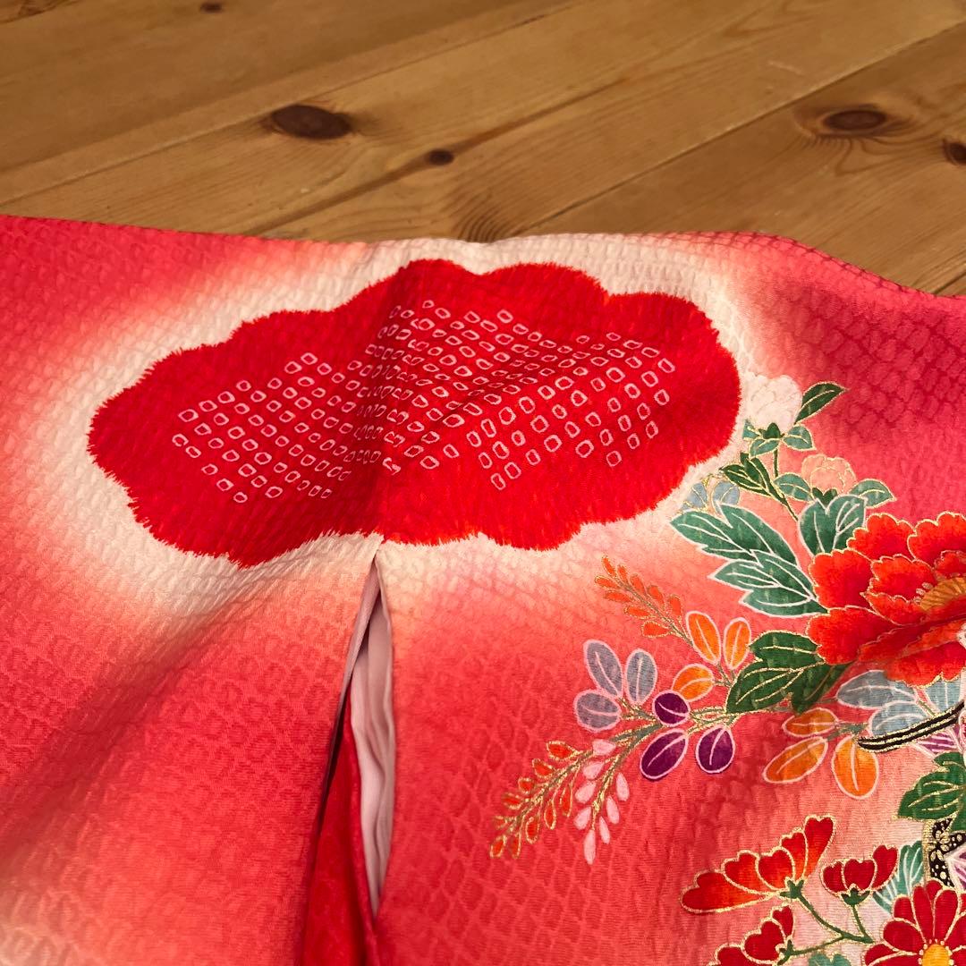 正絹　友禅調 晴れ着 朱赤 古典柄 絞り　七五三 お宮参り長襦袢セット