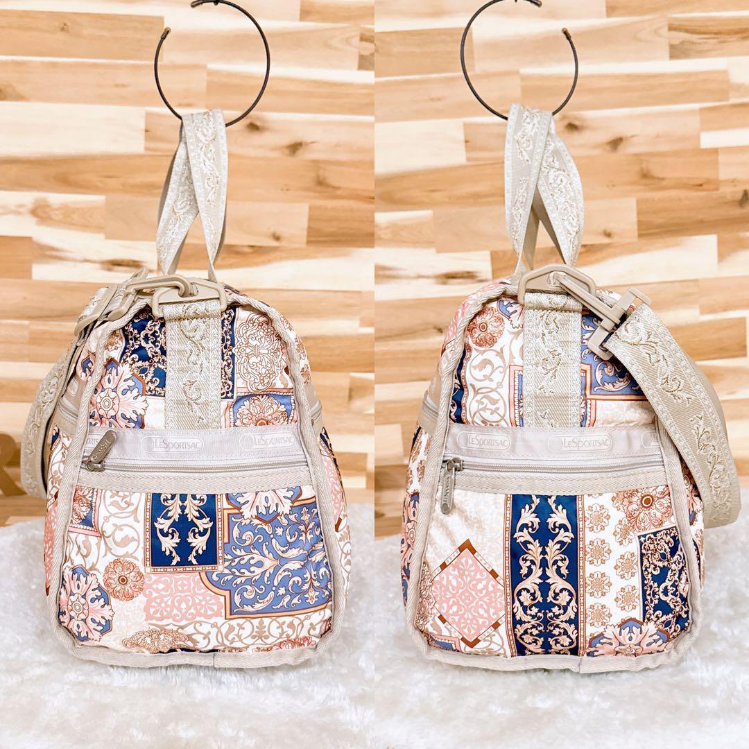 希少【レスポートサック】ボストンバッグ オードリー柄 総柄 刺繍 ベージュ×金