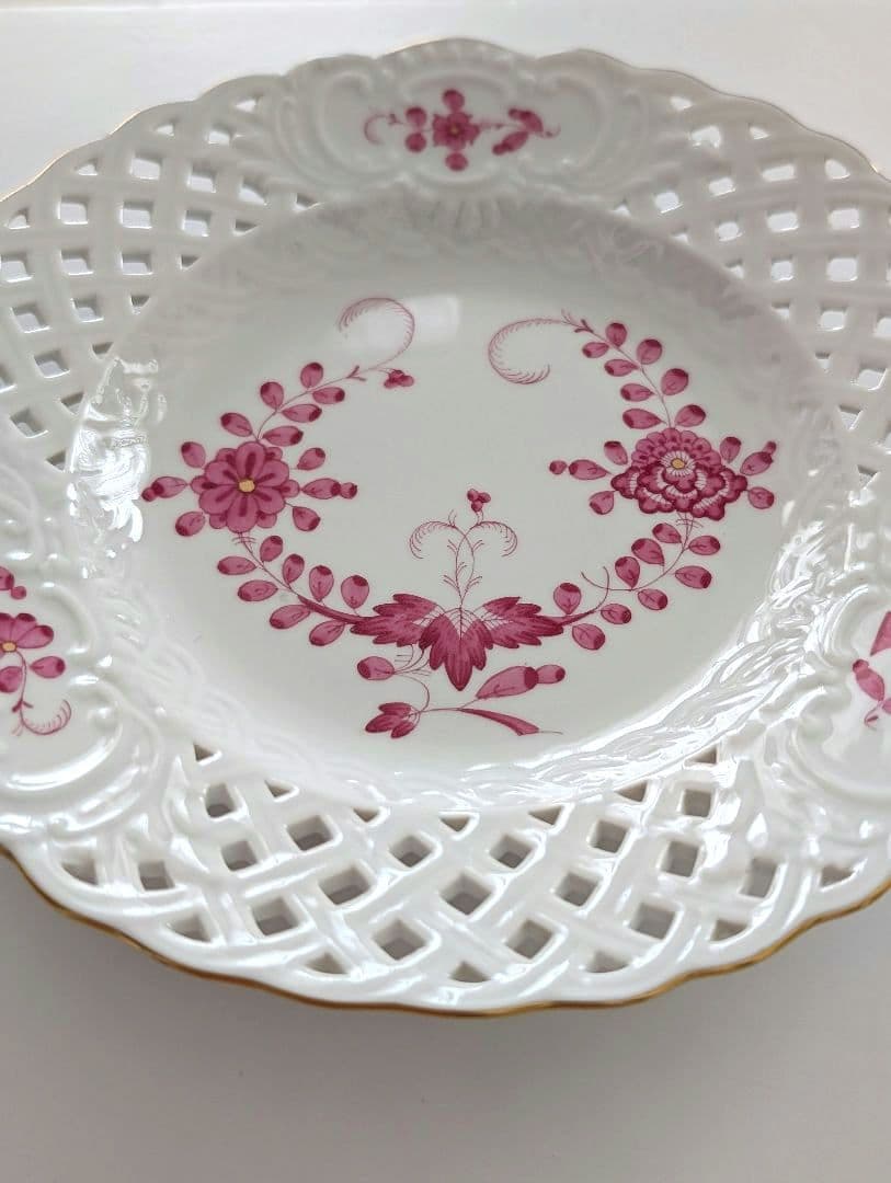 【マイセン】インドの華リッチピンク金彩透かしプレート18.5cm