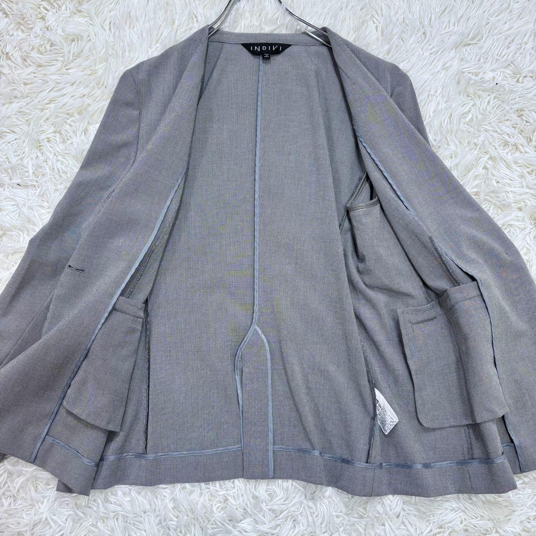 極美品 INDIVI 洗える 千鳥柄ノーカラージャケット UVケア 接触冷感LL