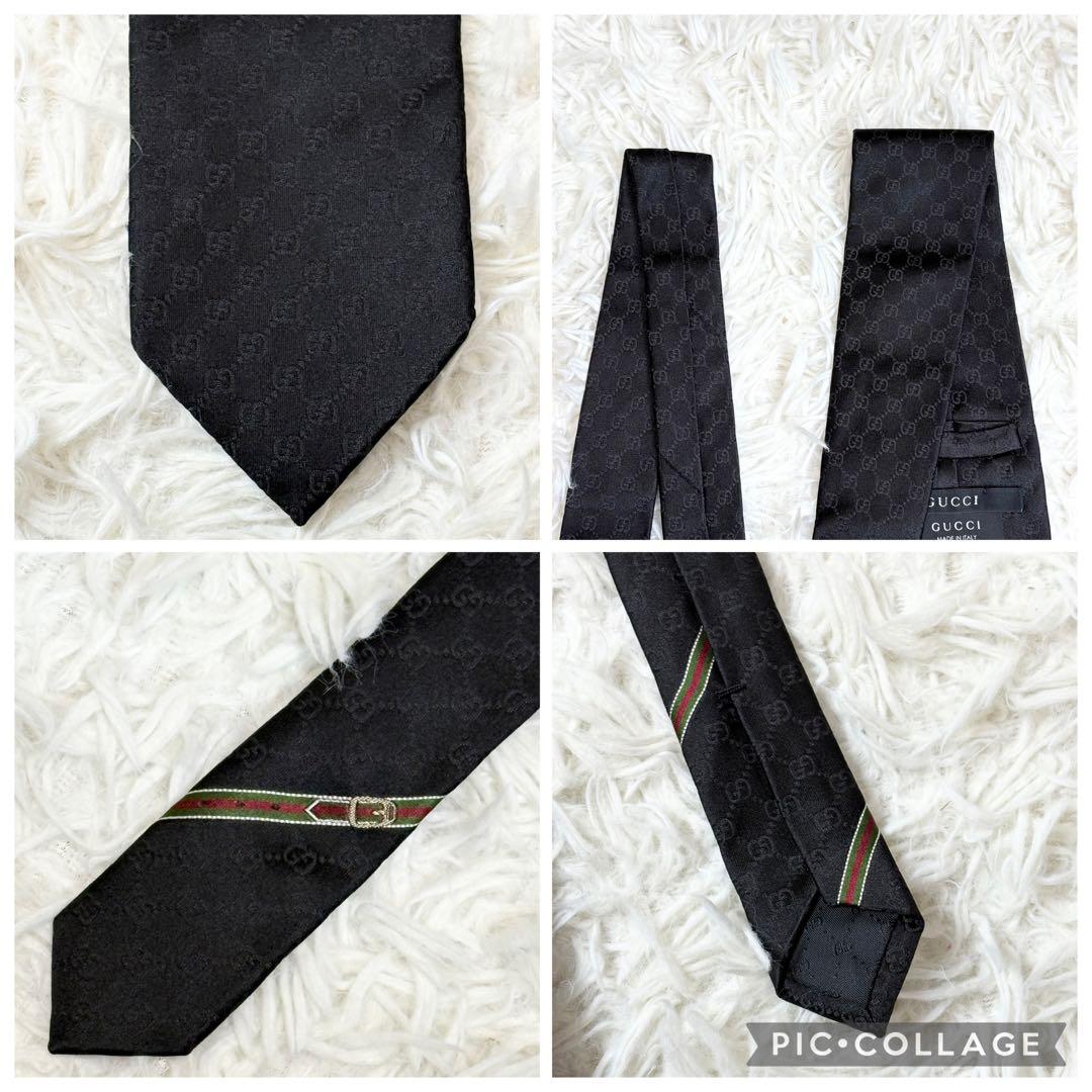 GUCCI ネクタイ シルク　 GG柄 シェリーライン ベルト柄 ブラック