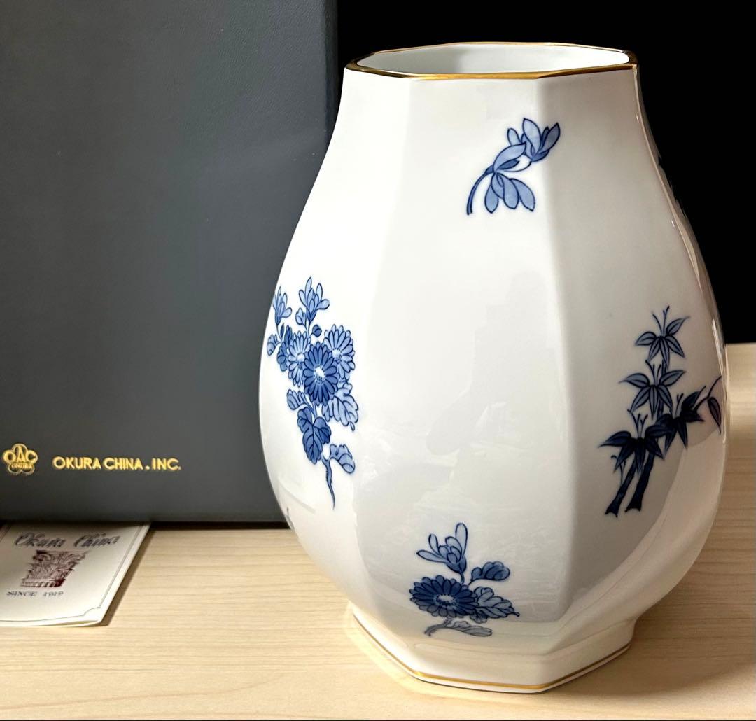 大倉陶園　四君子　八角花瓶　※オリジナルボックス付属　未使用保管品