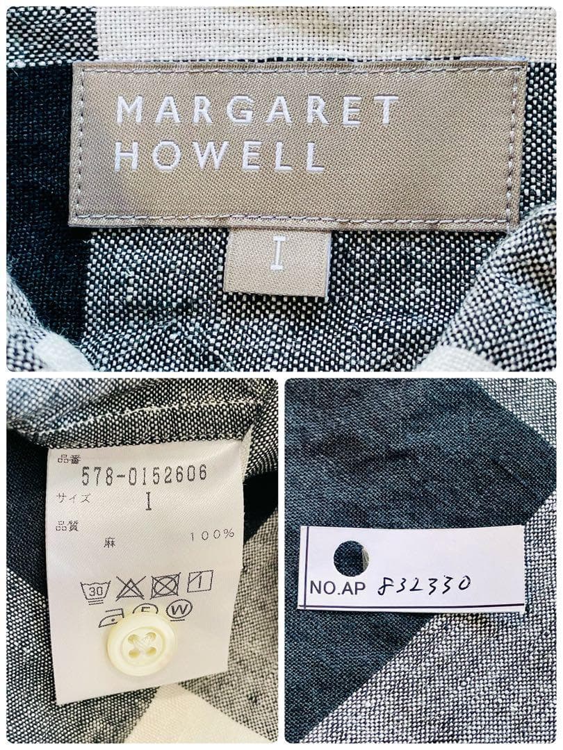 マーガレットハウエル 半袖 リネンシャツ Iサイズ 麻100% チェック柄　白黒