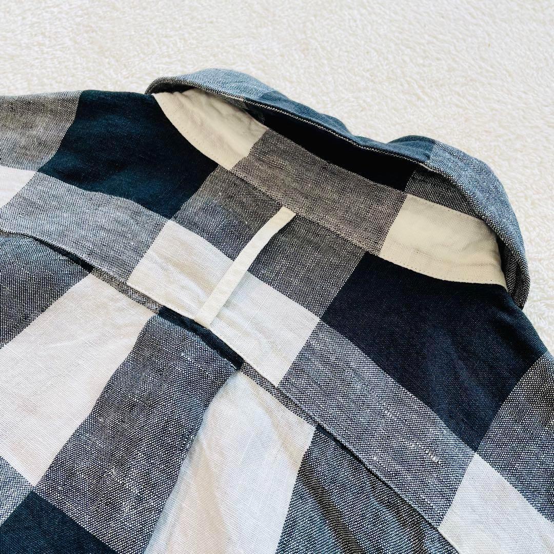 マーガレットハウエル 半袖 リネンシャツ Iサイズ 麻100% チェック柄　白黒