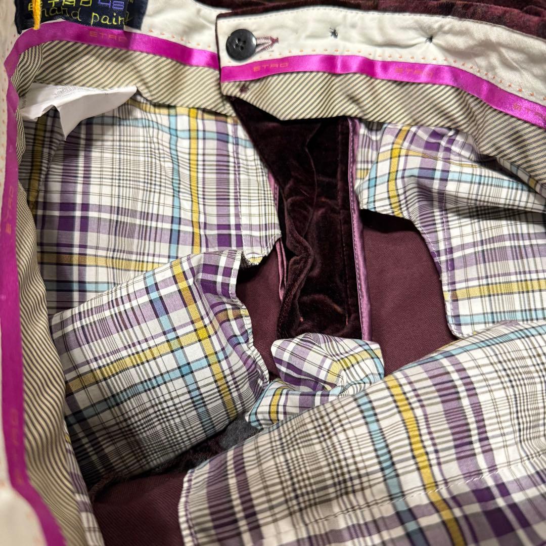 新品未使用　エトロ　ベロア素材　バーガンディーレッド　ペイズリー柄パンツ