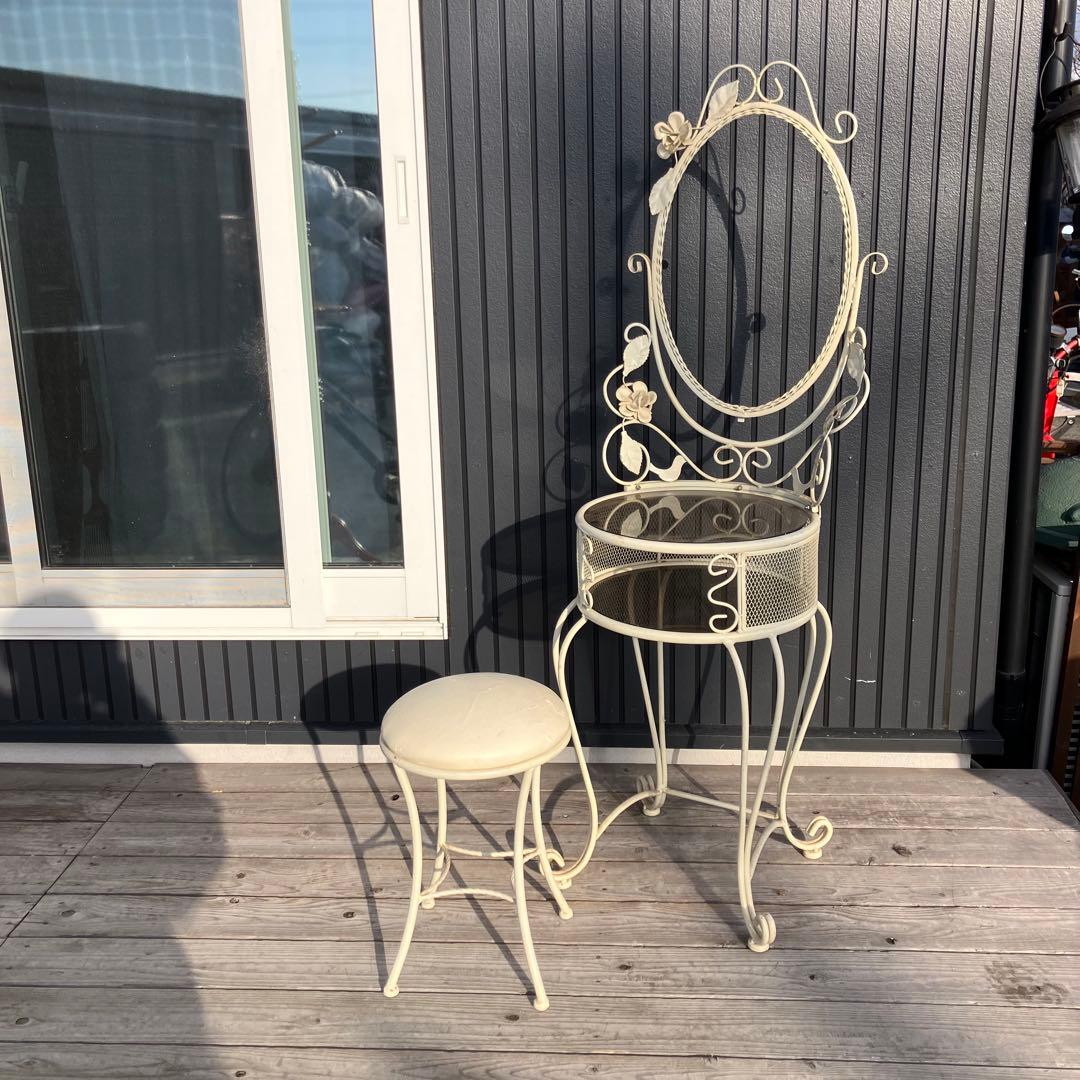 ロココ クラシカル アイアンフレーム 花装飾ドレッサー 化粧台 スツール付き