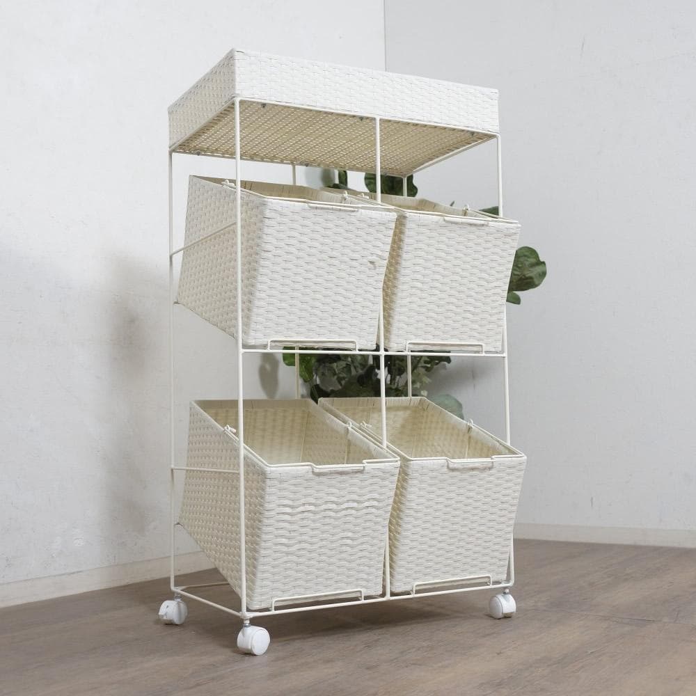 【新品】ワイド　ランドリーチェスト　ワゴン　バスケット4個　アウトレット