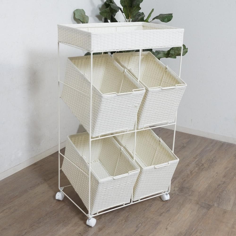 【新品】ワイド　ランドリーチェスト　ワゴン　バスケット4個　アウトレット