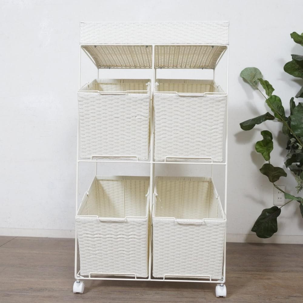 【新品】ワイド　ランドリーチェスト　ワゴン　バスケット4個　アウトレット