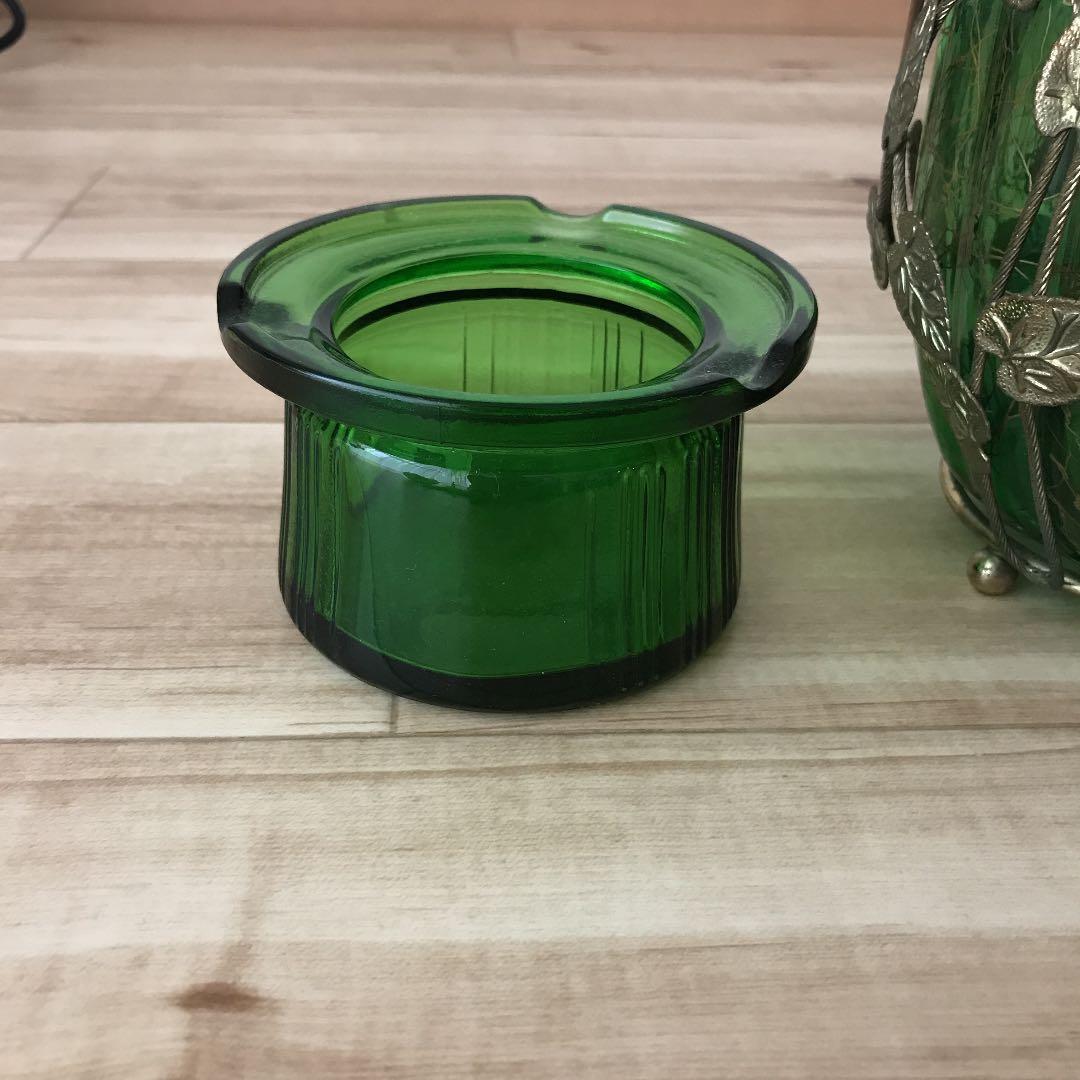 昭和レトロ＊オルゴール付グリーンガラスポット「乙女の祈り」同色アッシュトレイ2個