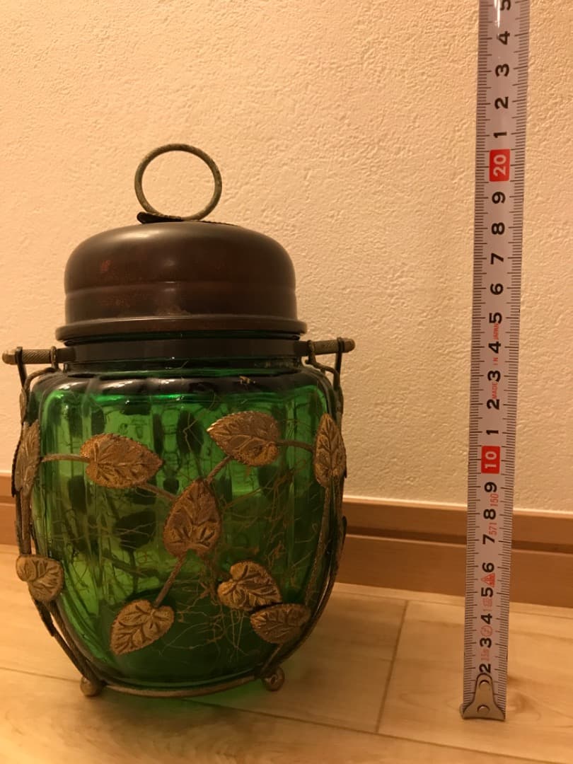 昭和レトロ＊オルゴール付グリーンガラスポット「乙女の祈り」同色アッシュトレイ2個