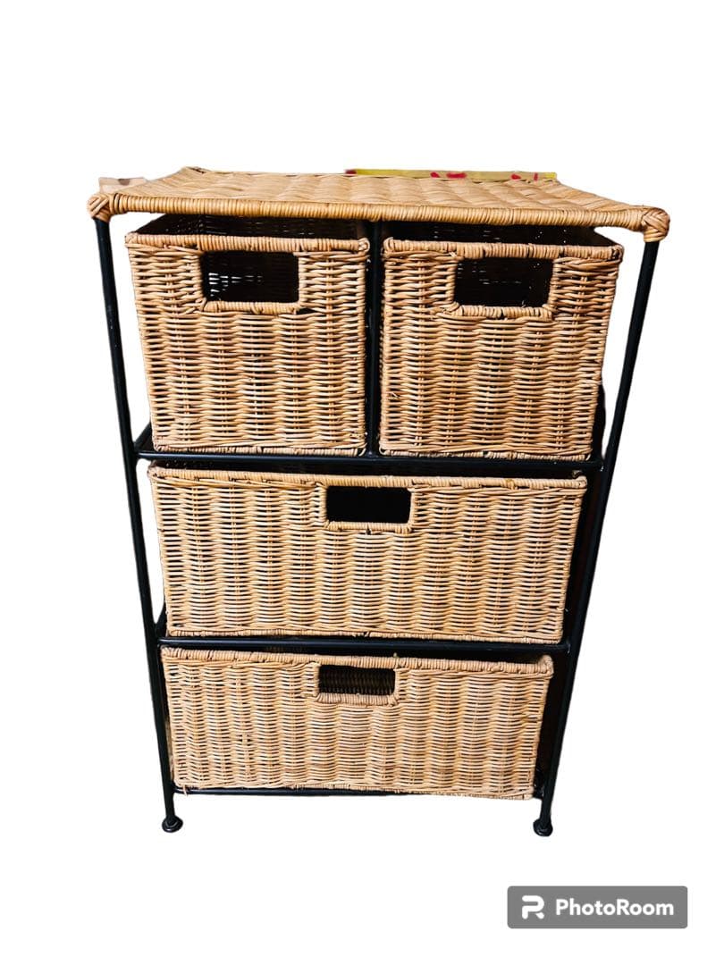 レトロ可愛いラタンチェスト 収納棚 籐家具 アイアンフレーム