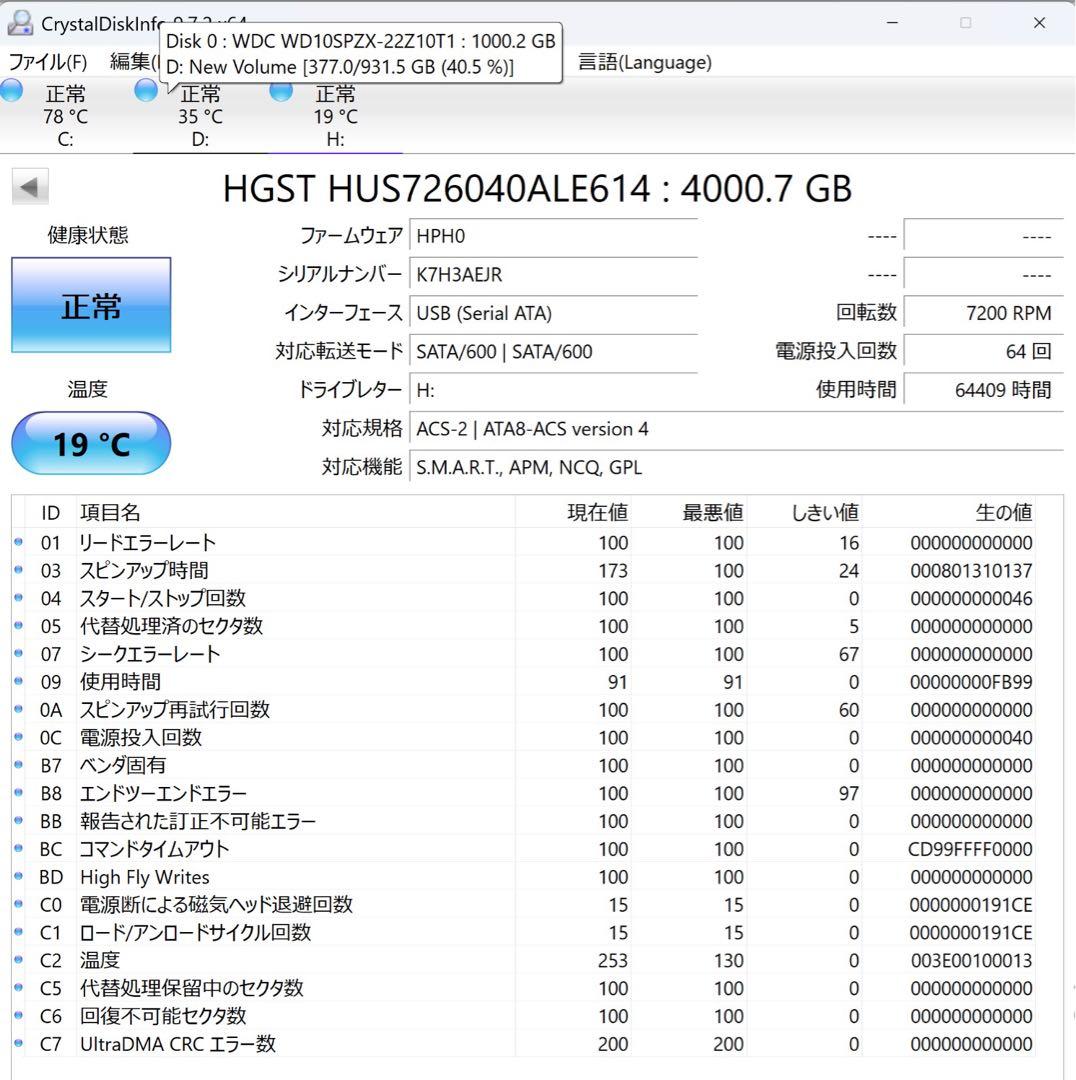 HGST 4TB SATA HDD 7200RPM 3.5インチ