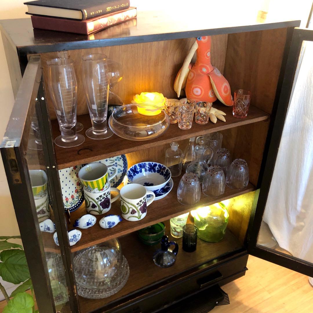 オーク材 洋モダン 【 アンティークキャビネット 】大正ガラス ビンテージ家具