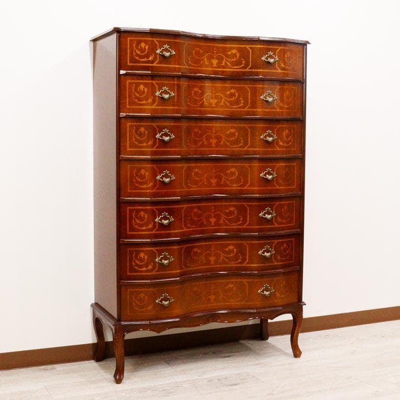 7段チェスト 木製 イタリア 猫脚 象嵌 完成品 チェスト タンス