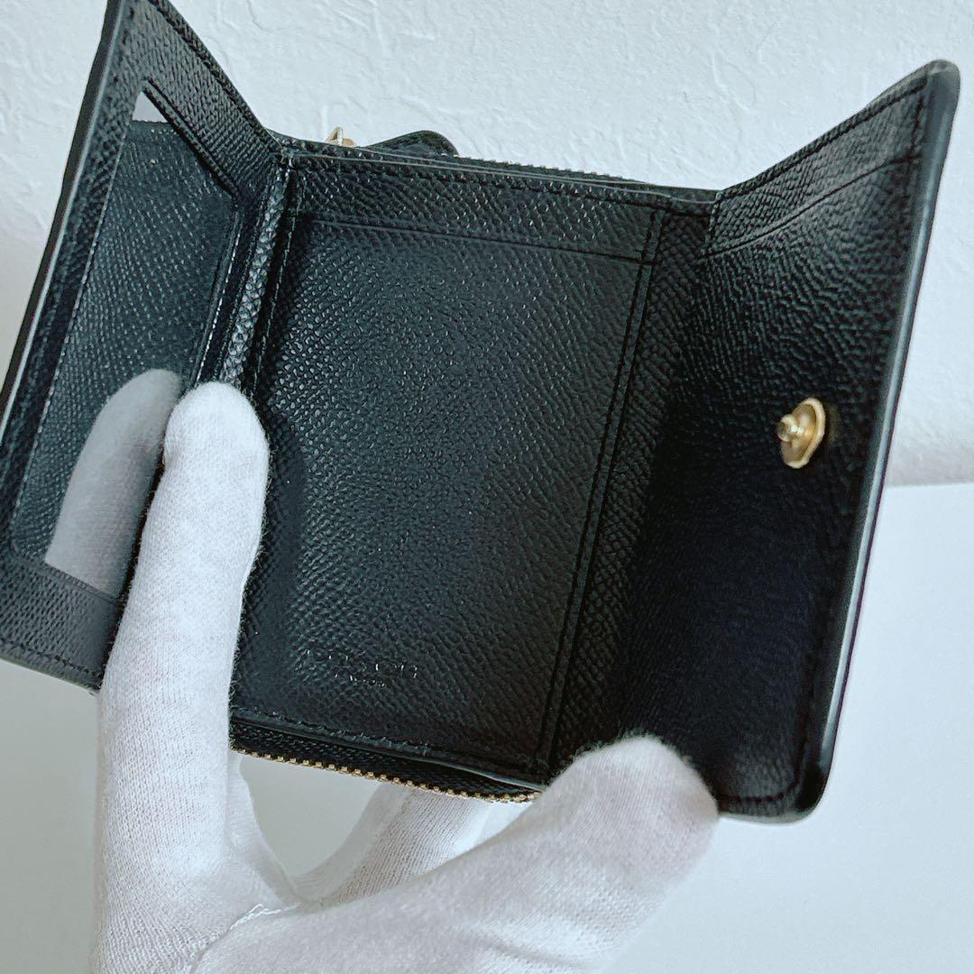 【極美品】COACH コーチ 三つ折り財布 黒 クロスグレインレザー