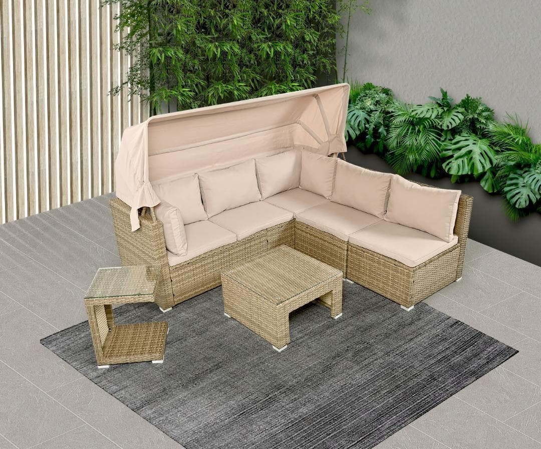 パラソル付き ガーデンファニチャー 5点 ガーデン テーブル チェアー ラタン調