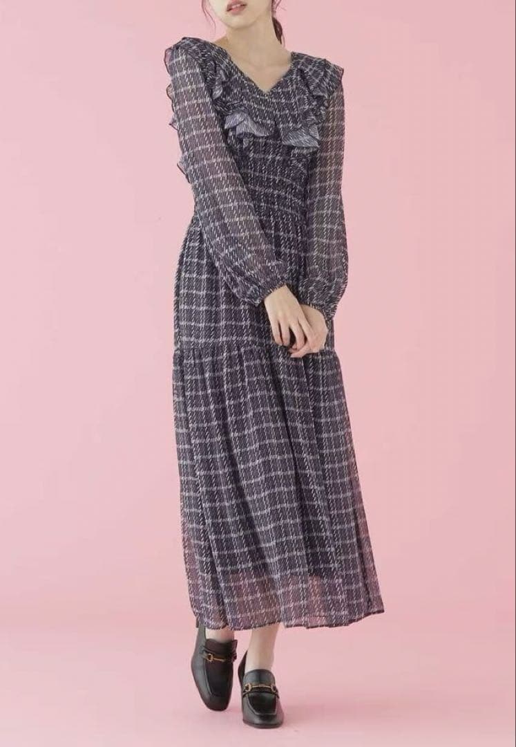 ジルバイジルスチュアート ツイード 風 ラッフル ワンピ ネイビー 紫 1度着用