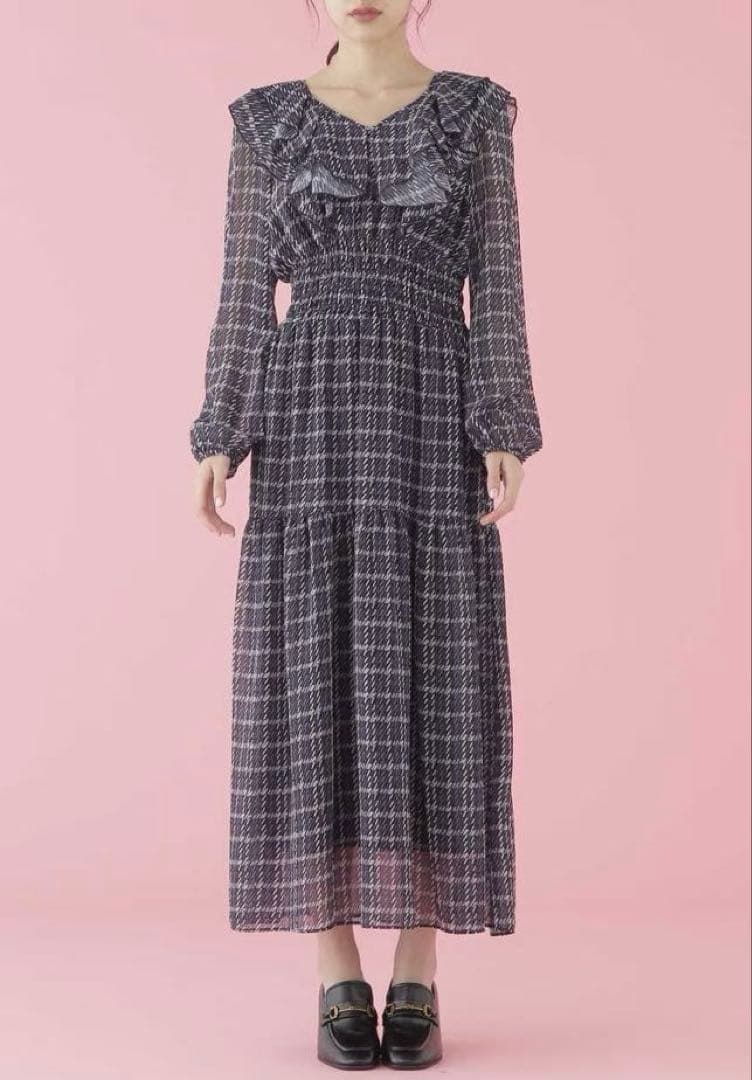 ジルバイジルスチュアート ツイード 風 ラッフル ワンピ ネイビー 紫 1度着用