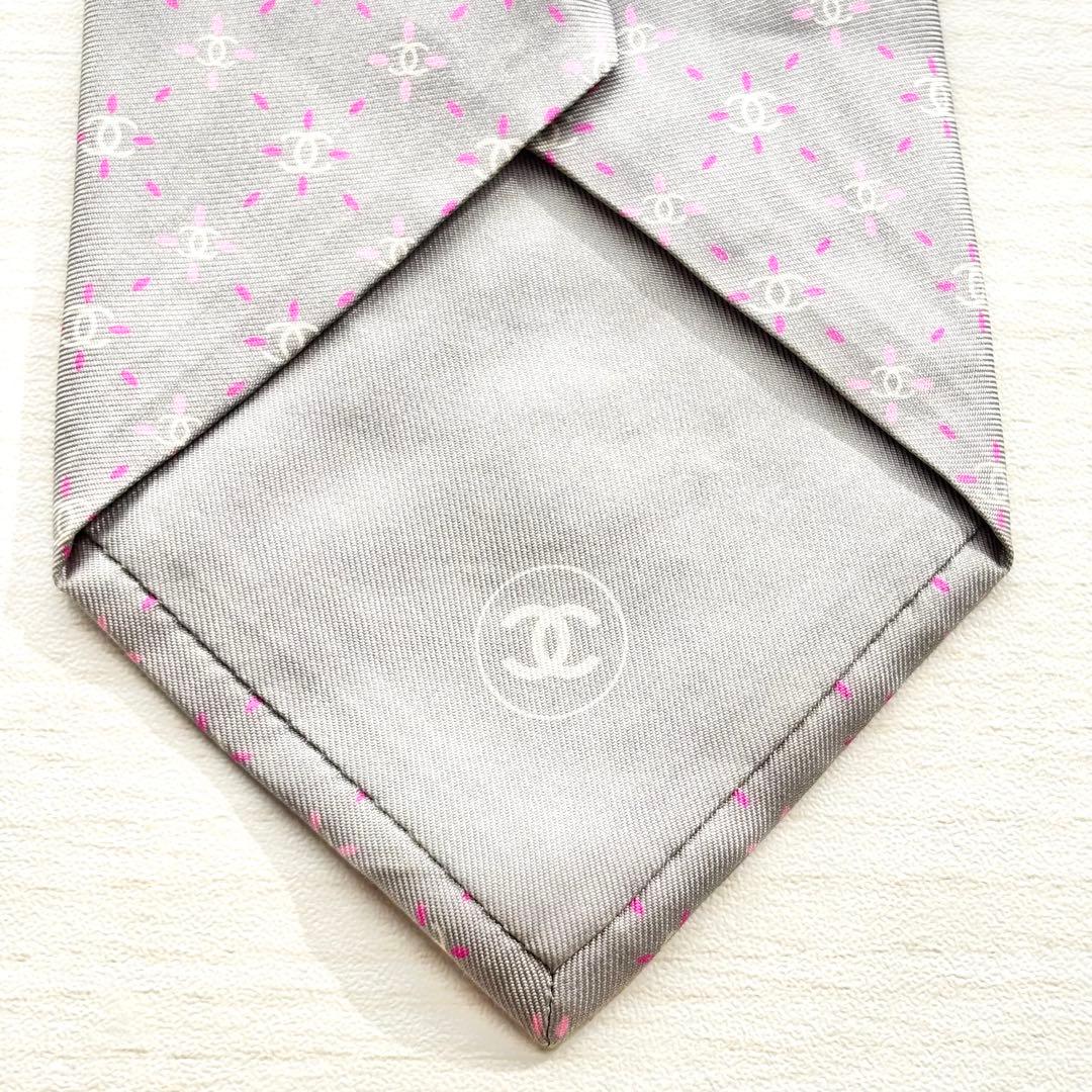 CHANEL シャネル CC ココマーク 花柄 シルク ネクタイ グレー