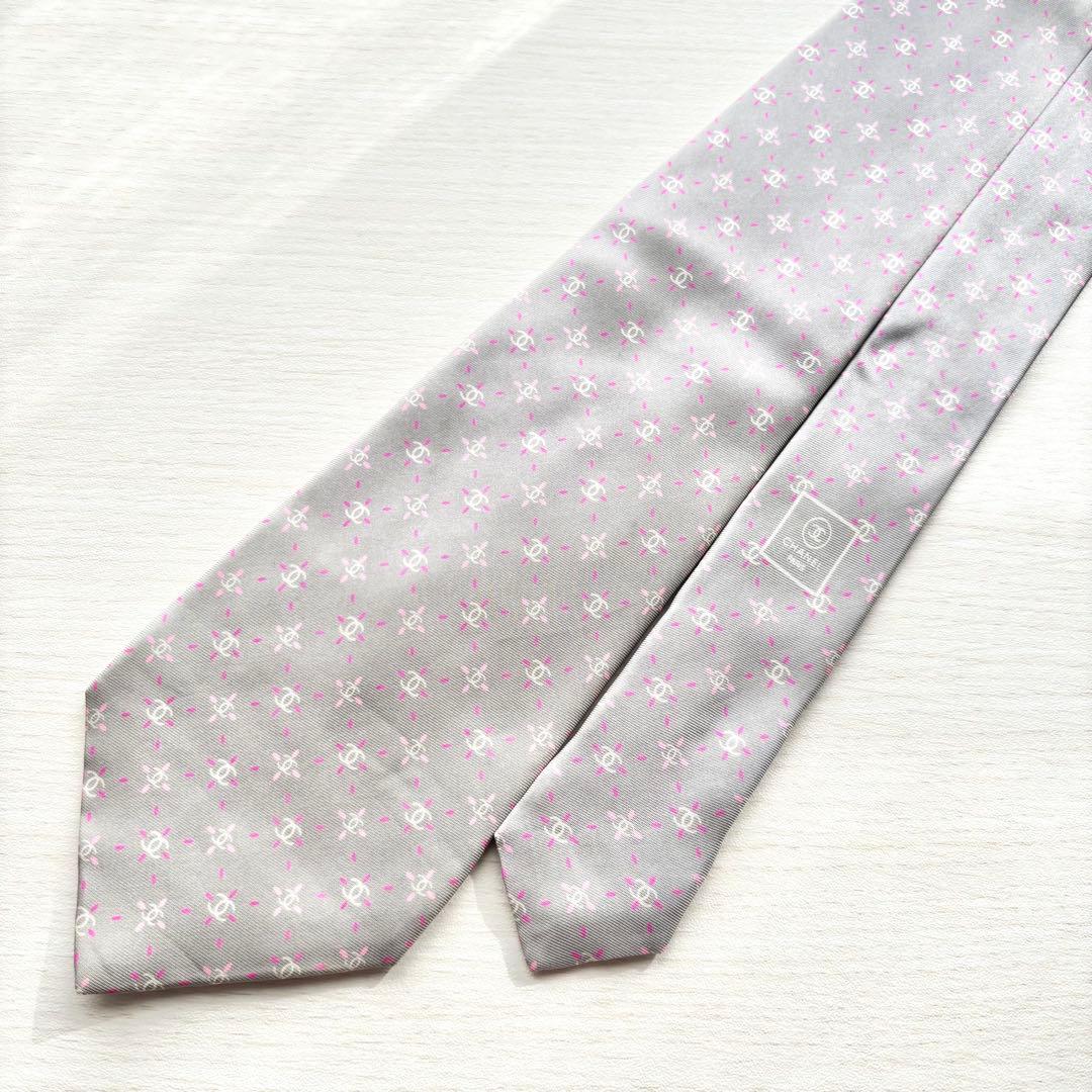 CHANEL シャネル CC ココマーク 花柄 シルク ネクタイ グレー