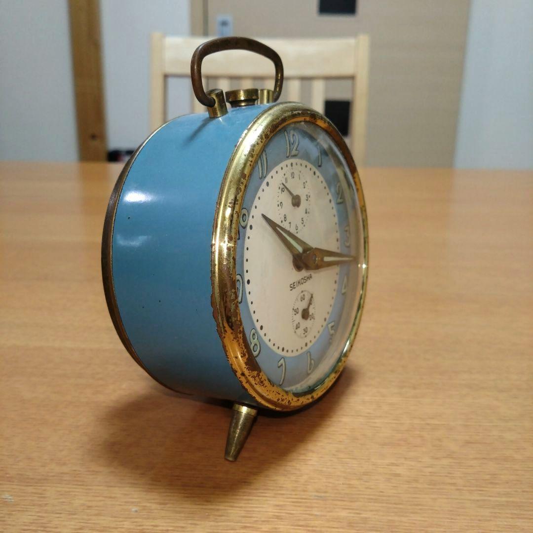 ◆昭和レトロ◆時代物◆ビンテージ◆精工舎◆目覚まし時計◆ゼンマイ式◆水色と金色
