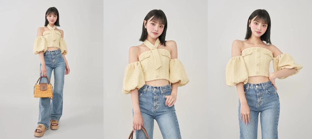 ダーリッチ darich ホルターネックオフショルツイードトップス サックス