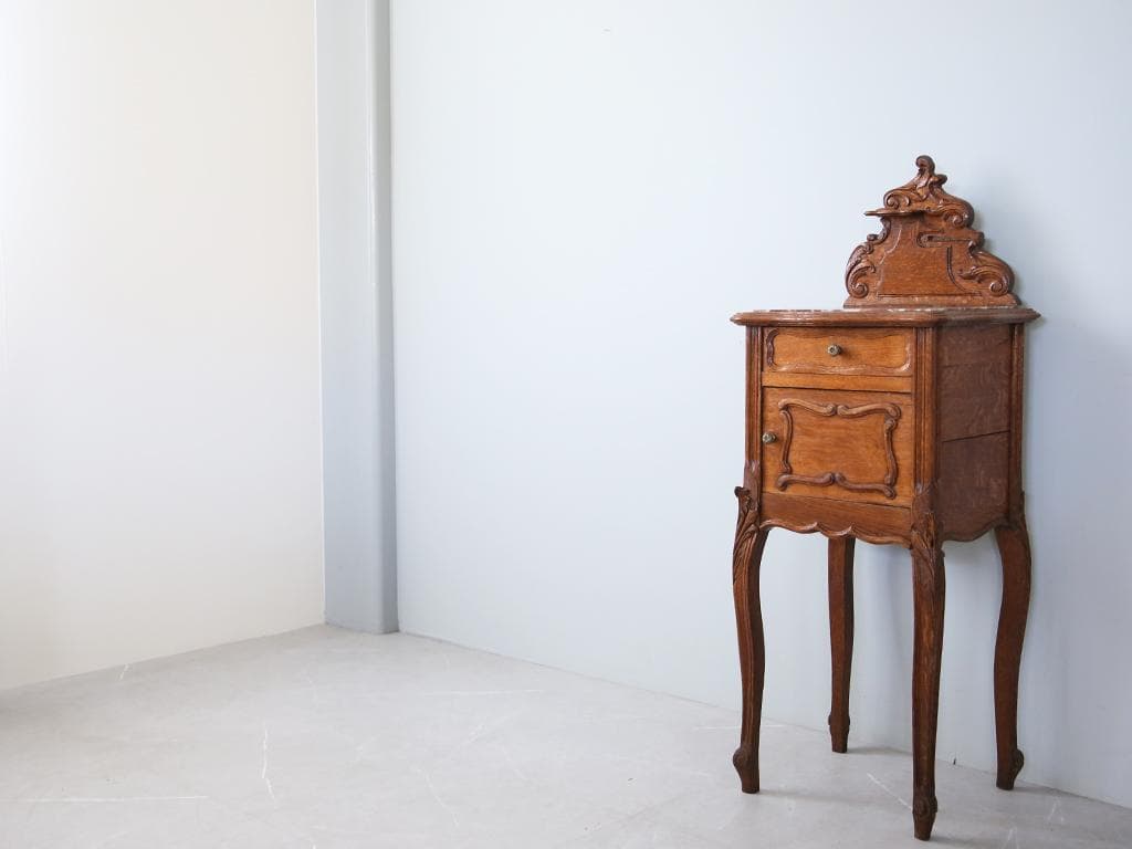 フランスアンティーク木製*大理石キャビネット/ナイトテーブル机(90-116)