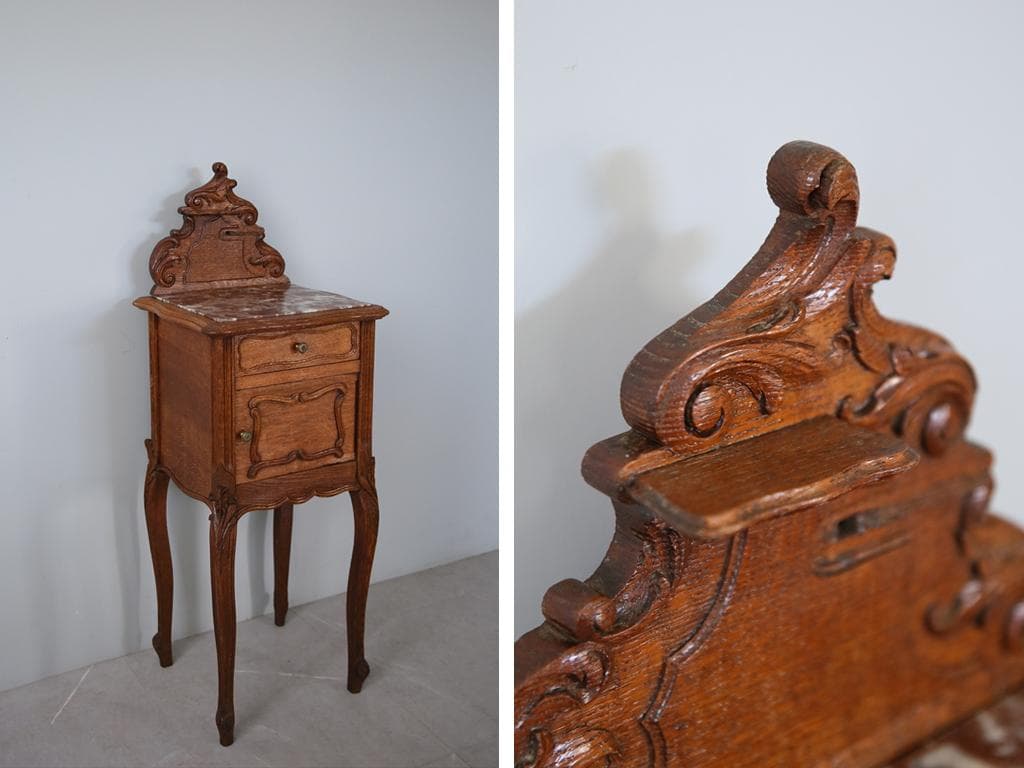 フランスアンティーク木製*大理石キャビネット/ナイトテーブル机(90-116)