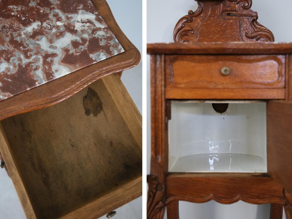 フランスアンティーク木製*大理石キャビネット/ナイトテーブル机(90-116)