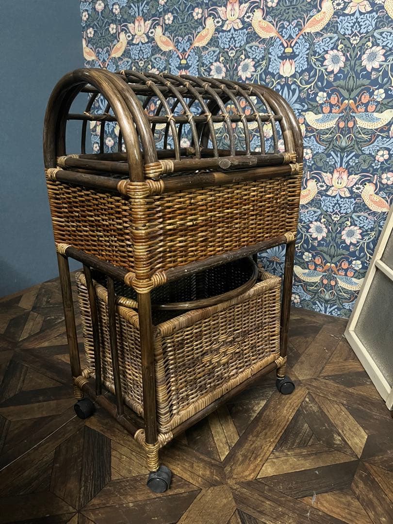 ラタン ドーム型 蓋付き2段かご ランドリーバスケット 籐インテリア 昭和レトロ