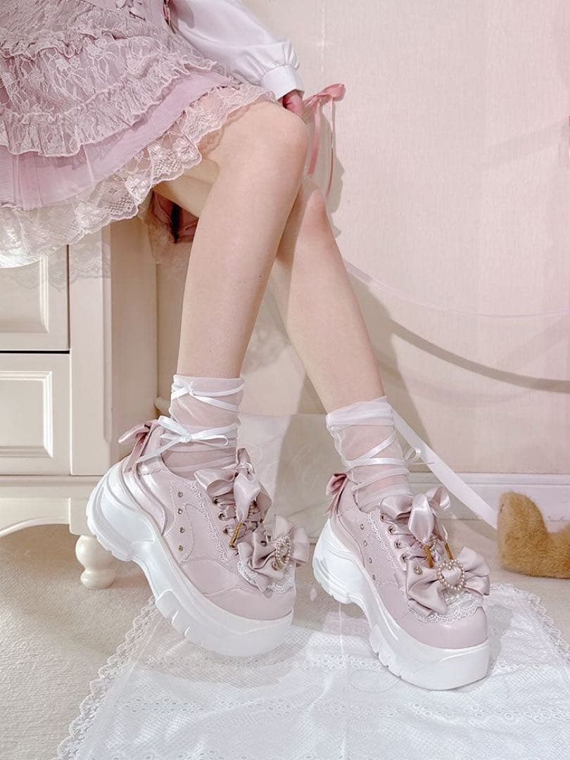 ゴスロリ 厚底スニーカー リボン シューズ 靴 Lolita 地雷系 ピンク