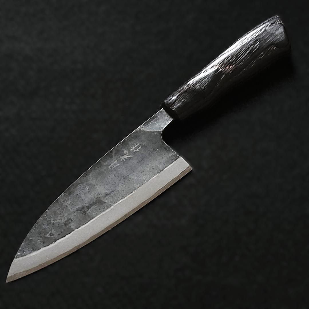 【現品限り】青紙2号 黒打 両刃出刃包丁 150㎜ #9397 焼栗柄 月光作