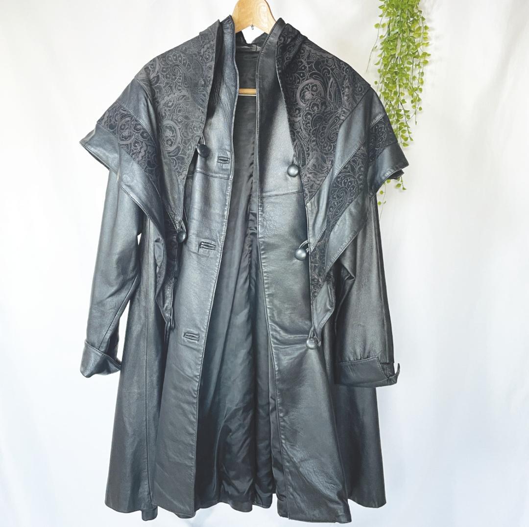 【本革】ヴィンテージ レザーロングコート ペイズリー柄 黒