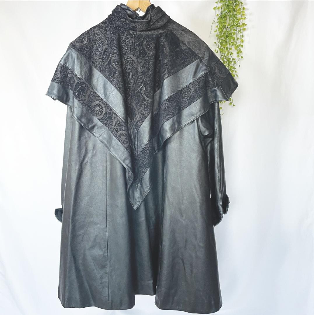 【本革】ヴィンテージ レザーロングコート ペイズリー柄 黒