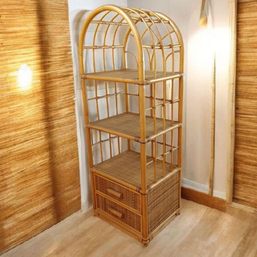 ラタン アーチ型 5段シェルフ 籐家具 昭和レトロ　リメイクシート仕上げ
