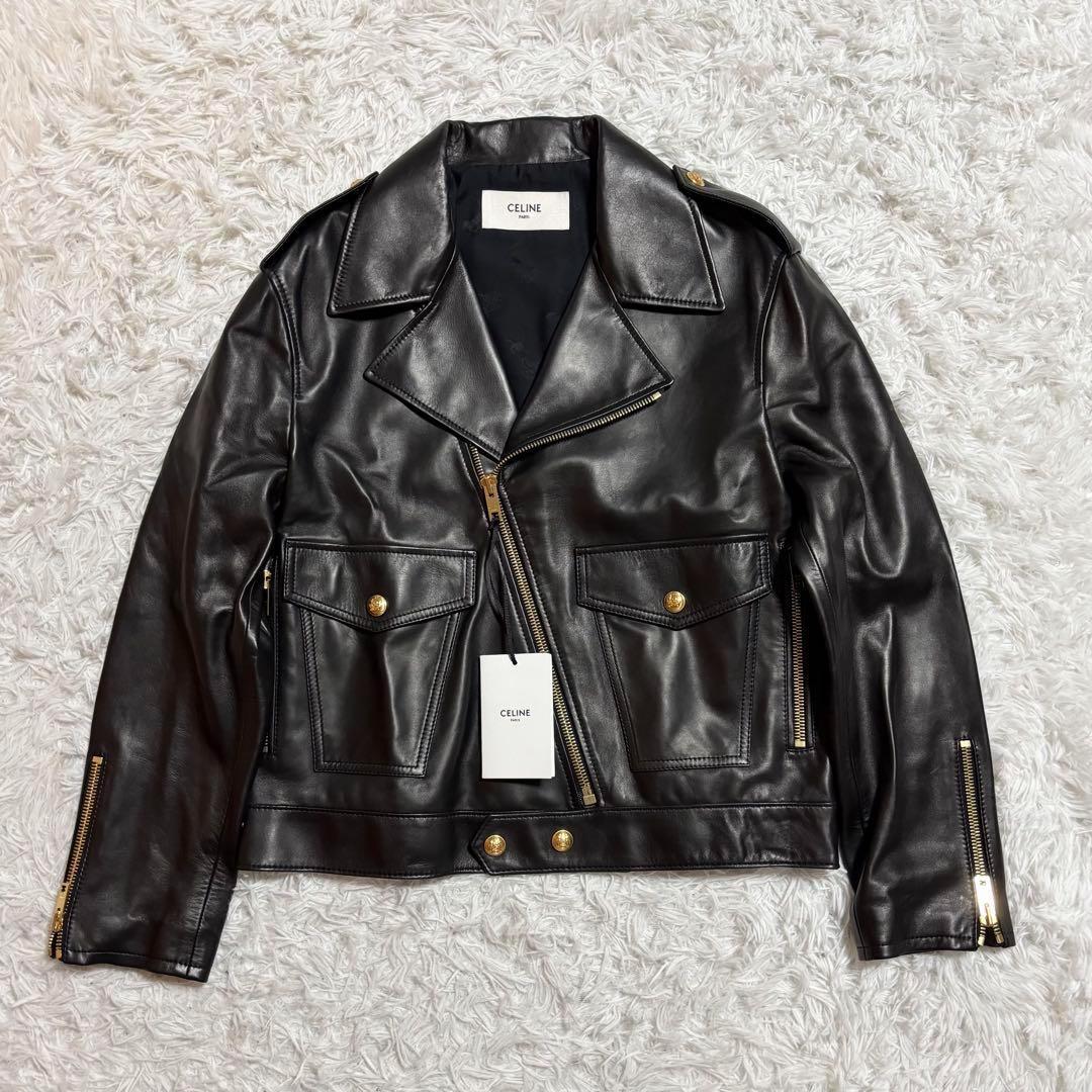 未使用　新品　CELINE 22AW ラムレザーライダース 42 黒　金ボタン