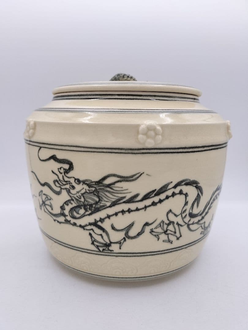 c254 【新品・未使用】水指 安南写 海老摘 龍ノ絵 西村徳泉 木箱 茶道具