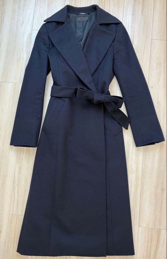 美品ICBアイシービー カシミア100%ガウンコート着丈116cmネイビー