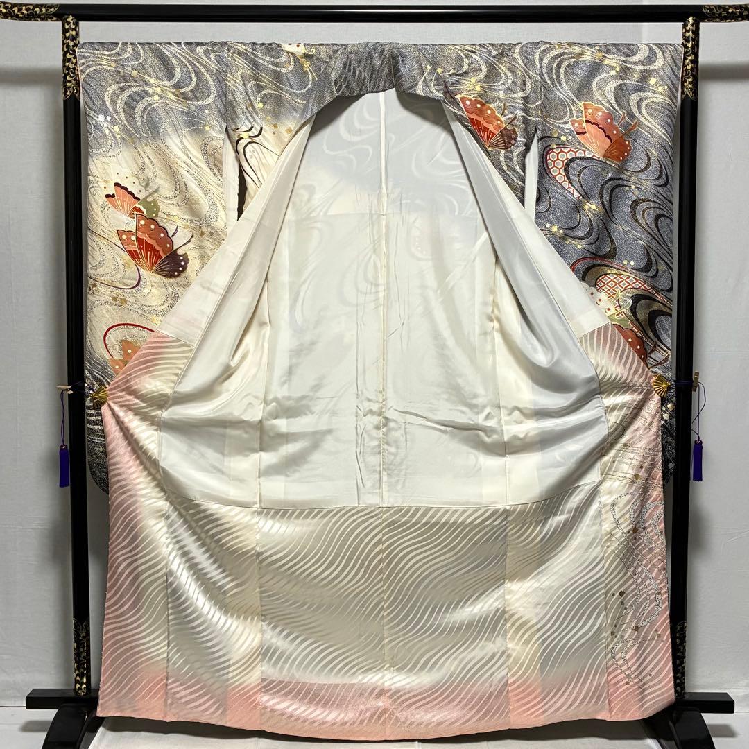 D34 振袖 やまと誂製 蝶々 流水 金駒刺繍 正絹 着物 袷 極美品