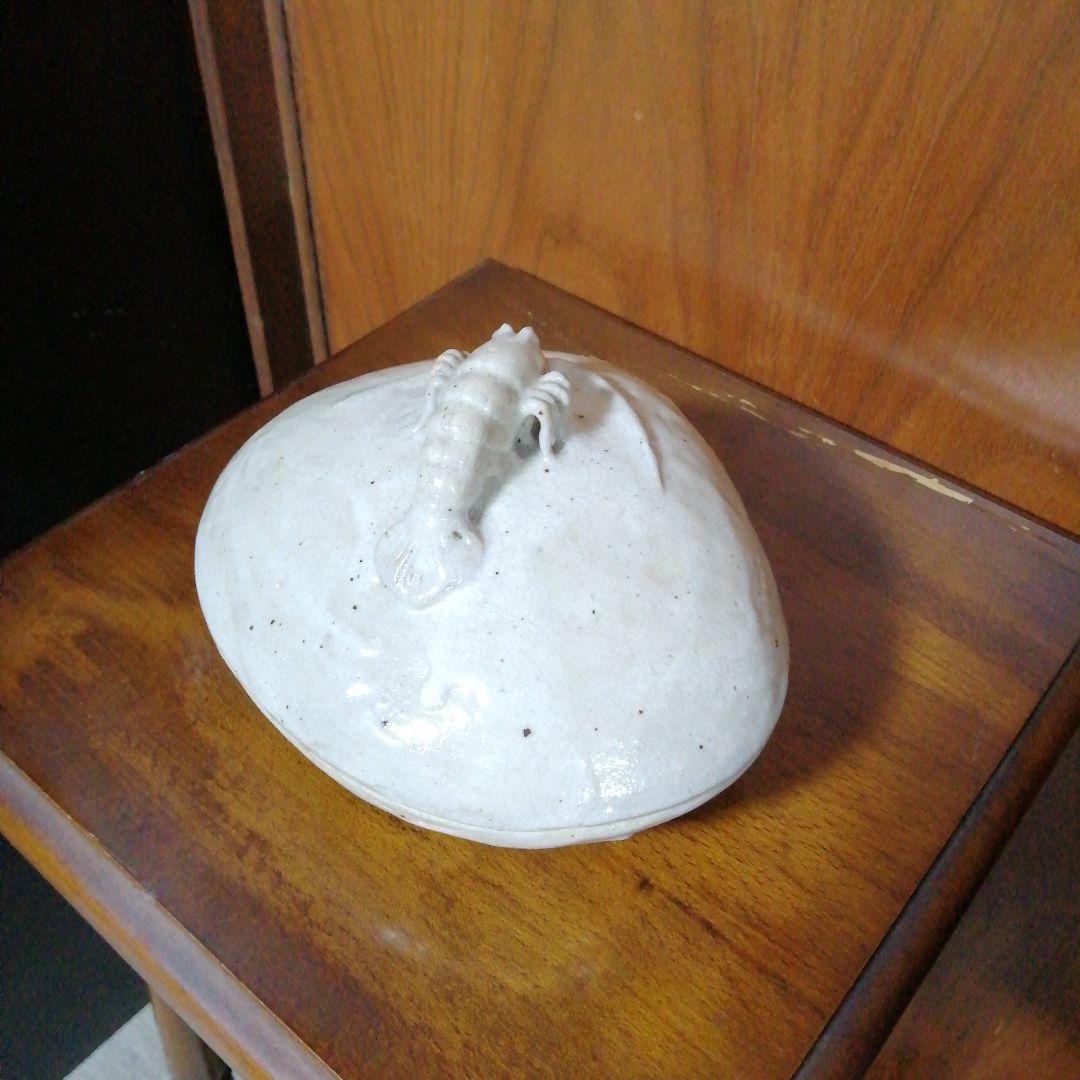 瀬戸焼　加藤作助　粉引海老摘蛤形食籠　18cm　大正〜昭和初期