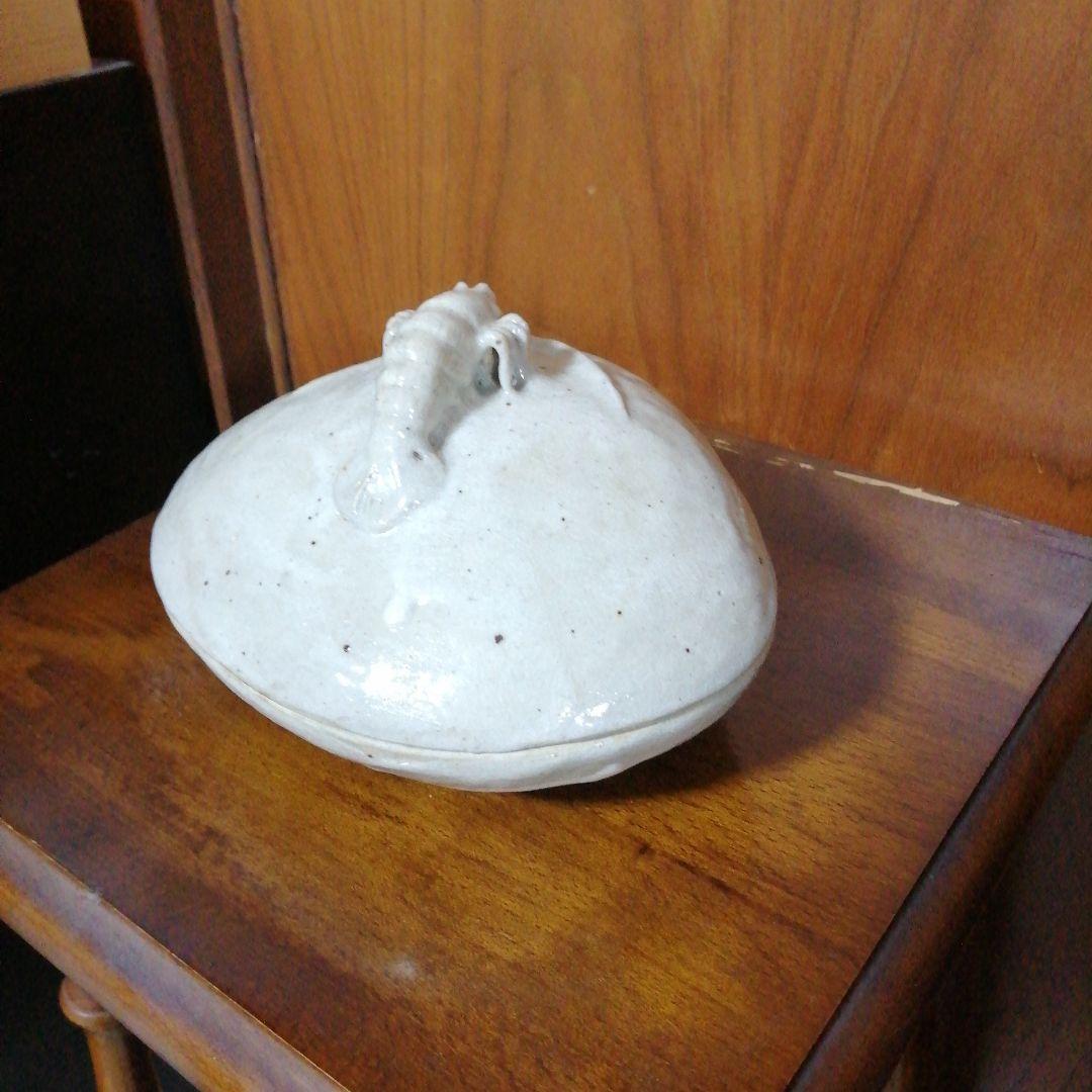 瀬戸焼　加藤作助　粉引海老摘蛤形食籠　18cm　大正〜昭和初期