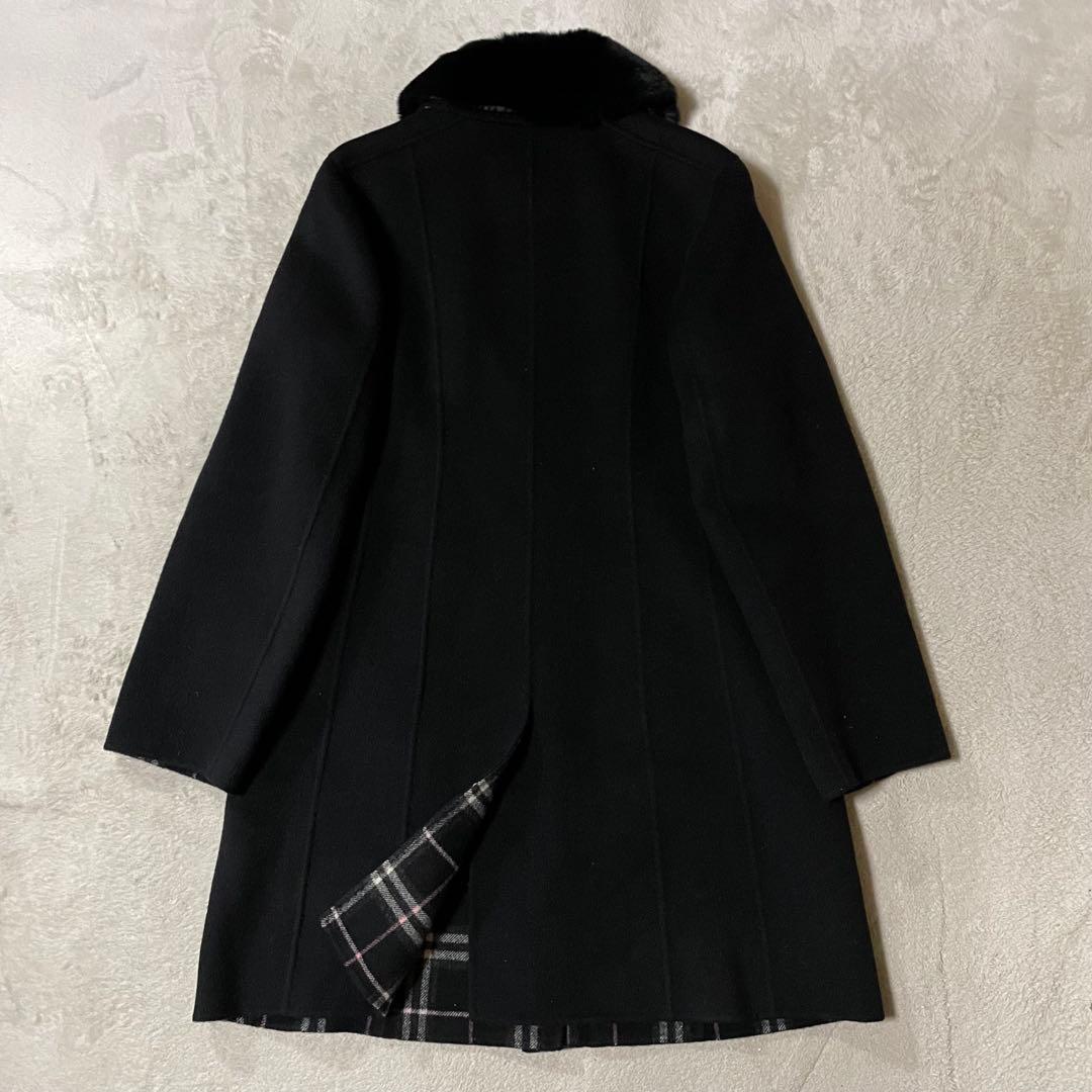 専用バーバリー カシミヤ混 襟ラビットファー ロングウールコート Lネイビー美品