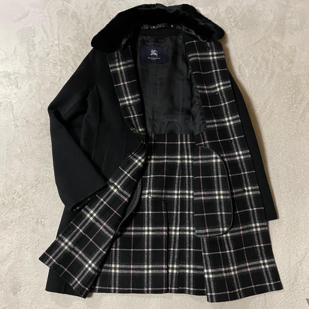 専用バーバリー カシミヤ混 襟ラビットファー ロングウールコート Lネイビー美品